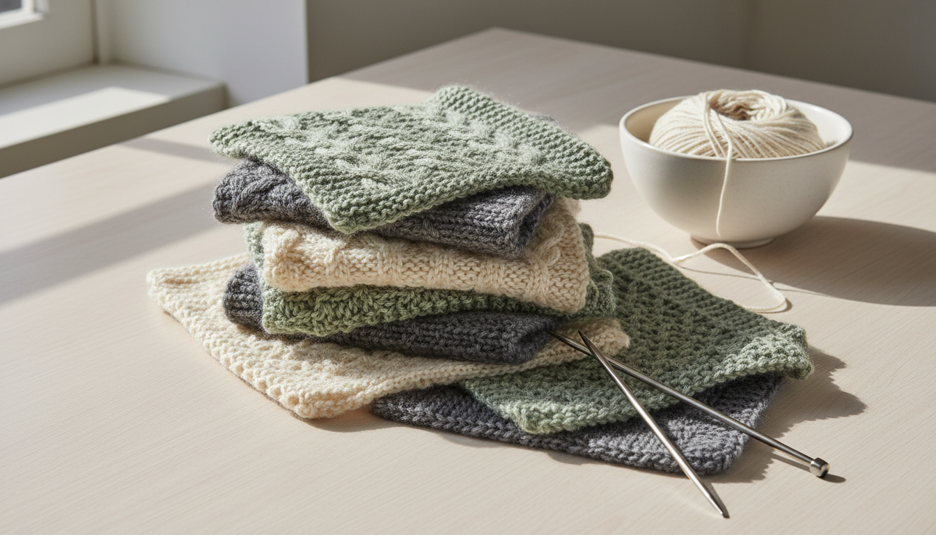 A meticulously arranged stack of hand-knitted swatches in luxurious merino and alpaca yarn, each piece showcasing intricate cable, lace, and textured stitch patterns. The swatches feature soothing neutral shades—creams, sages, and classic greys—with distinct tactile details visible in the weaves. They are laid out on a matte, pale ash wood tabletop, accented by slender metal knitting needles and a minimalist ceramic yarn bowl nearby. Soft, filtered daylight from a side window casts gentle highlights across the textures, producing calm shadows that enhance depth. The mood is polished and serene, emphasizing professionalism and order. The image is photographed from an eye-level, slightly angled perspective that centers the swatches in a balanced composition. The style is clean, modern, and photographic, capturing the essence of a premium knitting pattern portfolio.