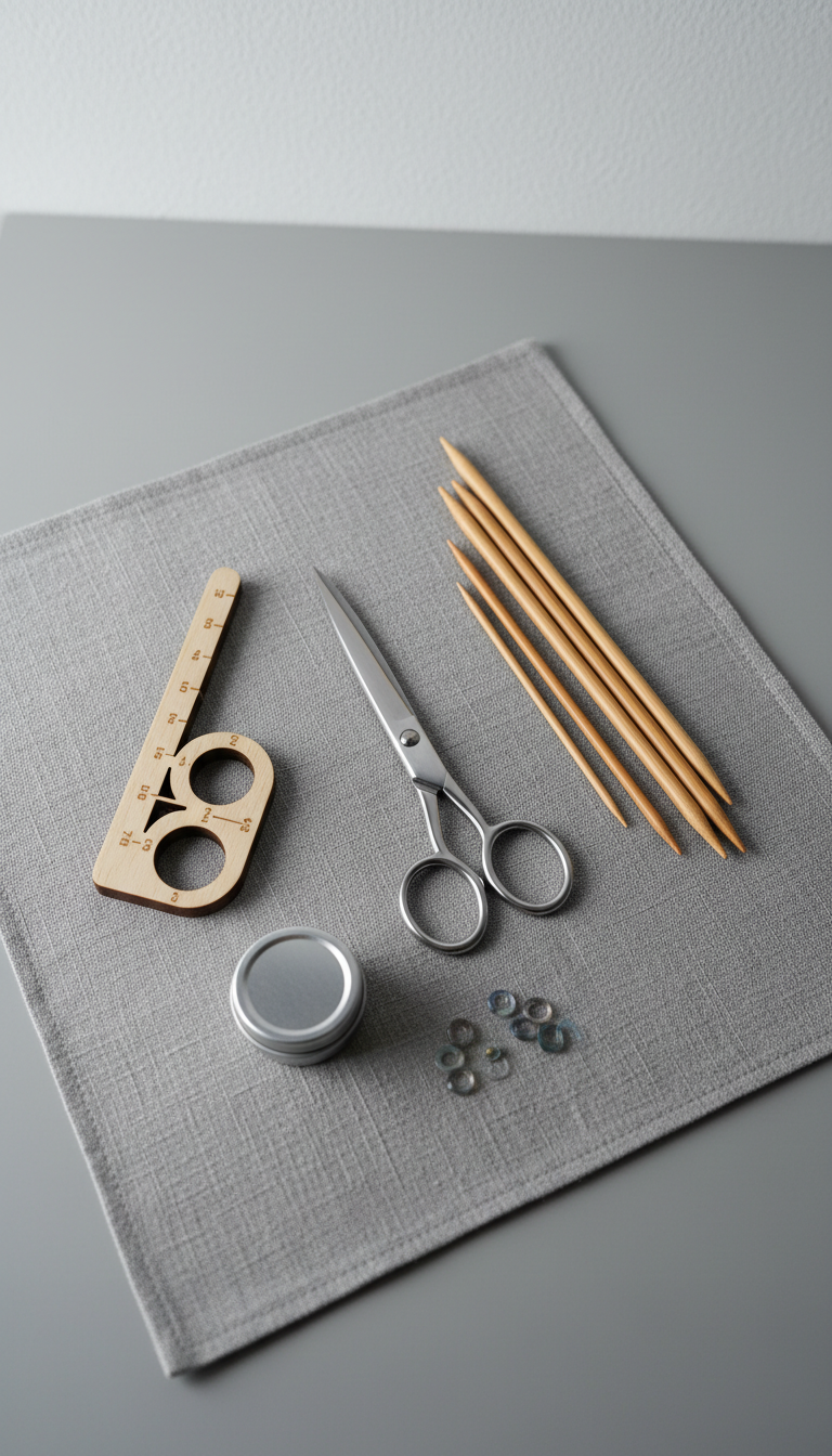 A collection of knitting tools and notion essentials—sleek stainless steel scissors, minimalist wooden needle gauge, and a set of orderly bamboo knitting needles—arranged with precision atop a stone-grey linen workspace mat. The background is uncluttered, highlighted by soft, indirect daylight, which casts small, soft-edged shadows for gentle dimensionality. Each tool’s texture and craftsmanship are clearly captured, set, and spaced with geometric balance. The atmosphere is calm, precise, and professional, ideal for a knitting portfolio’s tutorial or resources section. The photographic, clean-lined style with a slight overhead angle creates an aspirational, modern look in keeping with the site’s ethos.