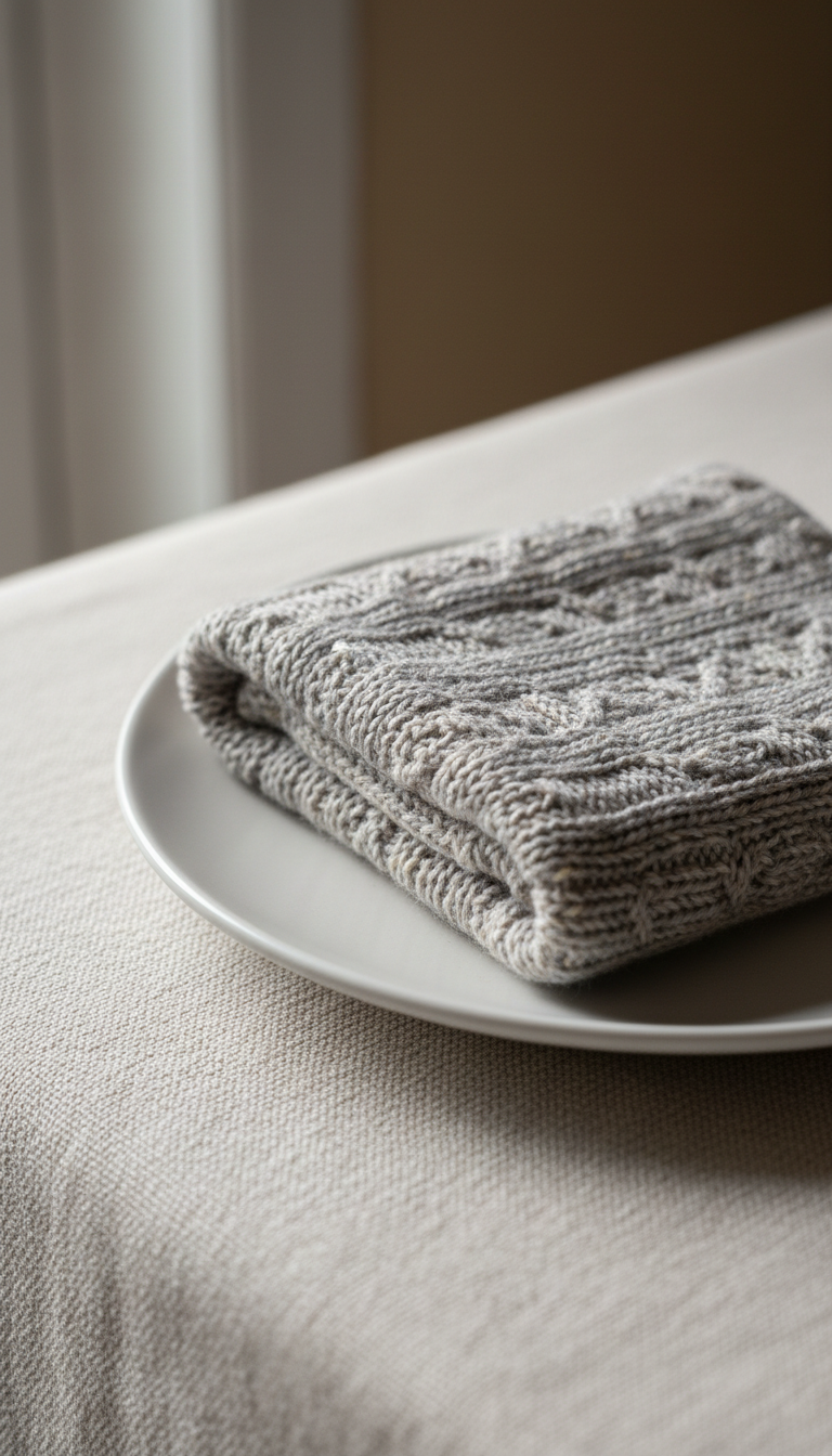 A close-up of an intricate knitted fabric in a subtle, neutral palette—pale dove grey with flecks of cream—emphasizing the fine stitchwork and rich texture. The sample piece is carefully draped on a minimalist white ceramic plate resting on an elegant, structured linen-covered surface. Natural light from a nearby window gently illuminates the fibers, highlighting their sheen and casting delicate, abstract shadows. The composition uses shallow depth of field with extreme focus on the knit texture, blurring the background to reinforce the sophistication and artistry of the piece. The mood is refined and contemplative, with a photographic, modern aesthetic tailored to showcase the artistry of original knitting patterns.
