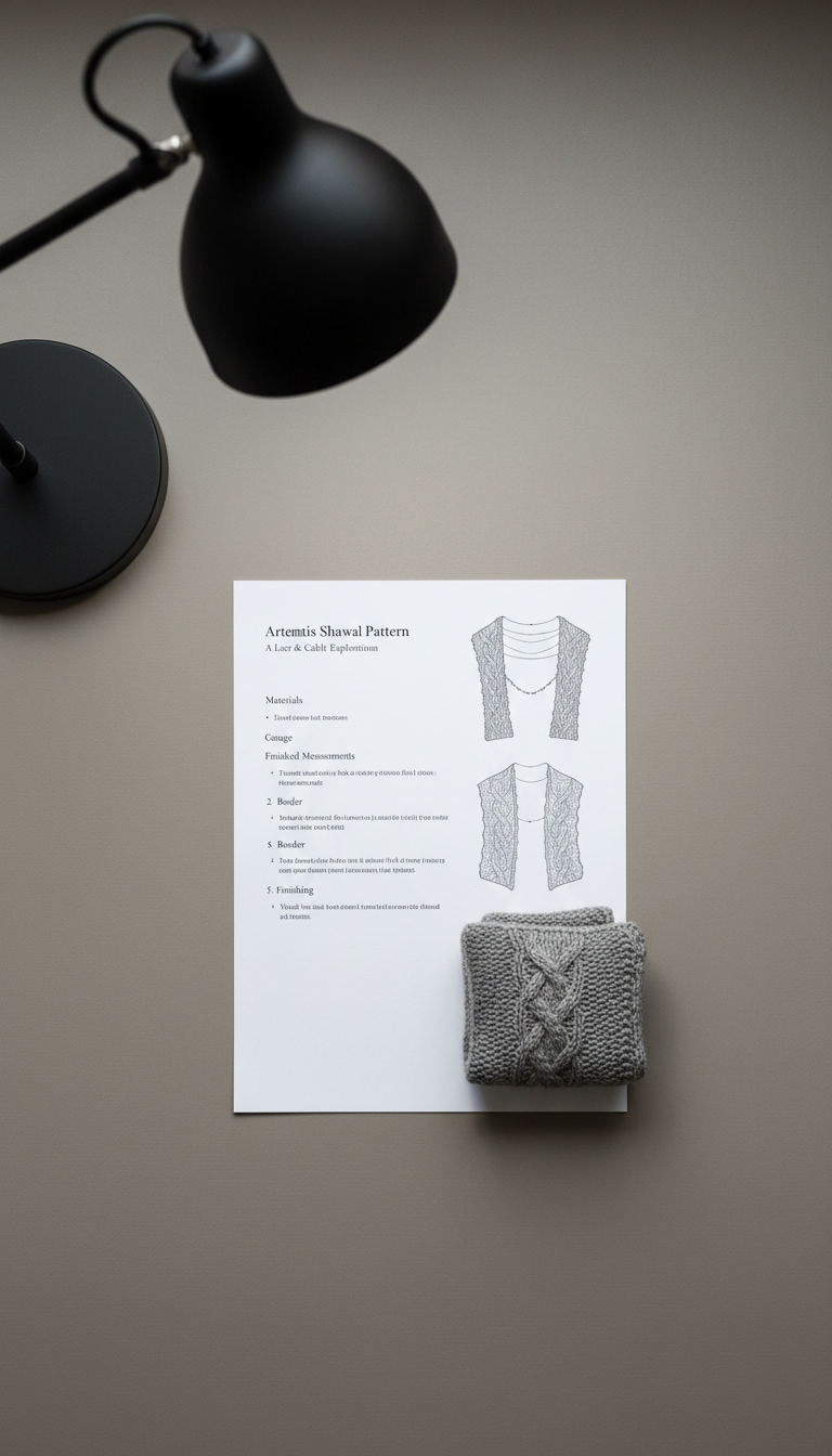 A single, elegantly designed knitting pattern PDF page displayed on an uncluttered workspace. The page is printed on crisp, heavy white paper, featuring carefully formatted instructions, schematic diagrams, and a neatly folded knit sample placed atop. The scene is set against a neutral taupe desk with clean lines and subtle grain, a modern metal desk lamp illuminating the paper with soft, even light, and no extraneous items in the frame. Shadows are minimal, with the focus kept crisp on the document and knit sample, creating a mood of structure and precision. The composition is centered with rule of thirds alignment, maintaining visual balance. The photographic style conveys a corporate, sophisticated atmosphere befitting a portfolio of original patterns.